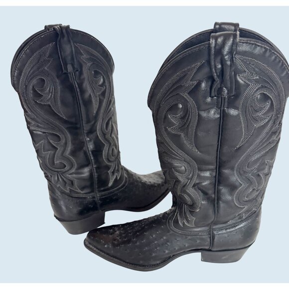 Vintage ACME Men's Black Ostrich Print Cowboy Western Boots Sz 9 1/2 D - Picture 7 of 8